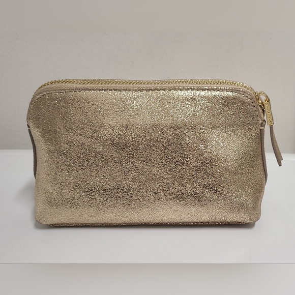 India Hicks Metallic Gold Leather Zip Top Cosmetic Accessory Pouch Clutch - Picture 6 of 16